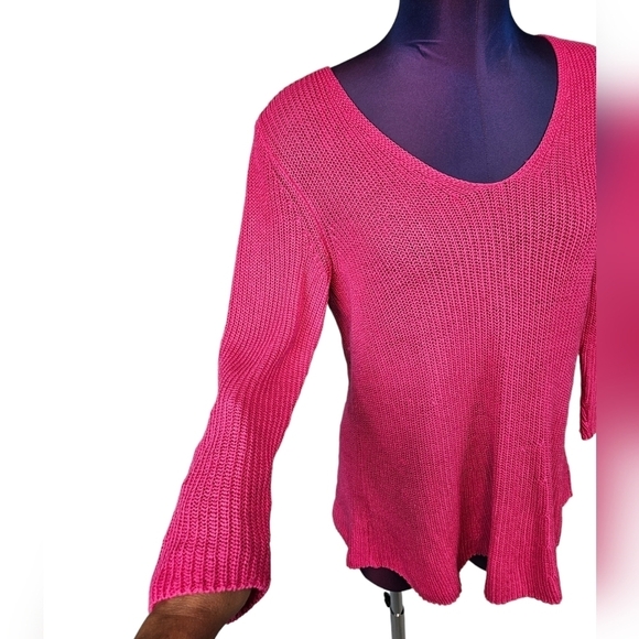 Talbots Hot Pink 3/4 Sleeve V-Neck Knit Sweater Size Medium Women's - Picture 4 of 8